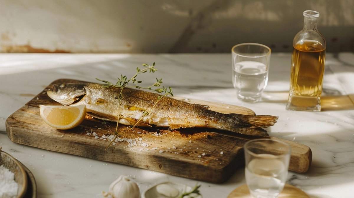 Whole fish, citrus and herbs on a worn wooden board