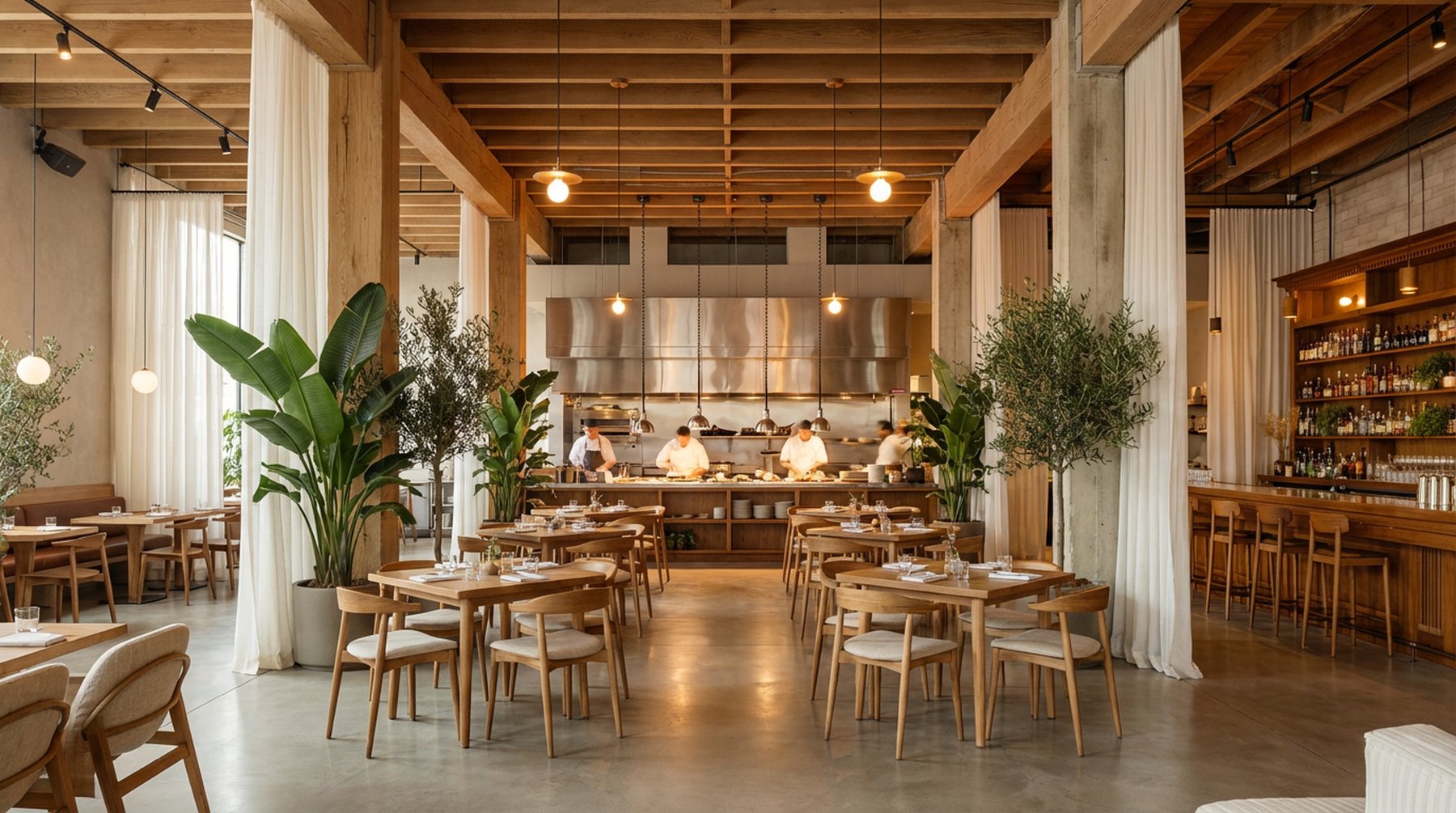 The sun-washed, high-ceilinged Pancho's Magnolia dining room with linen curtains and olive trees