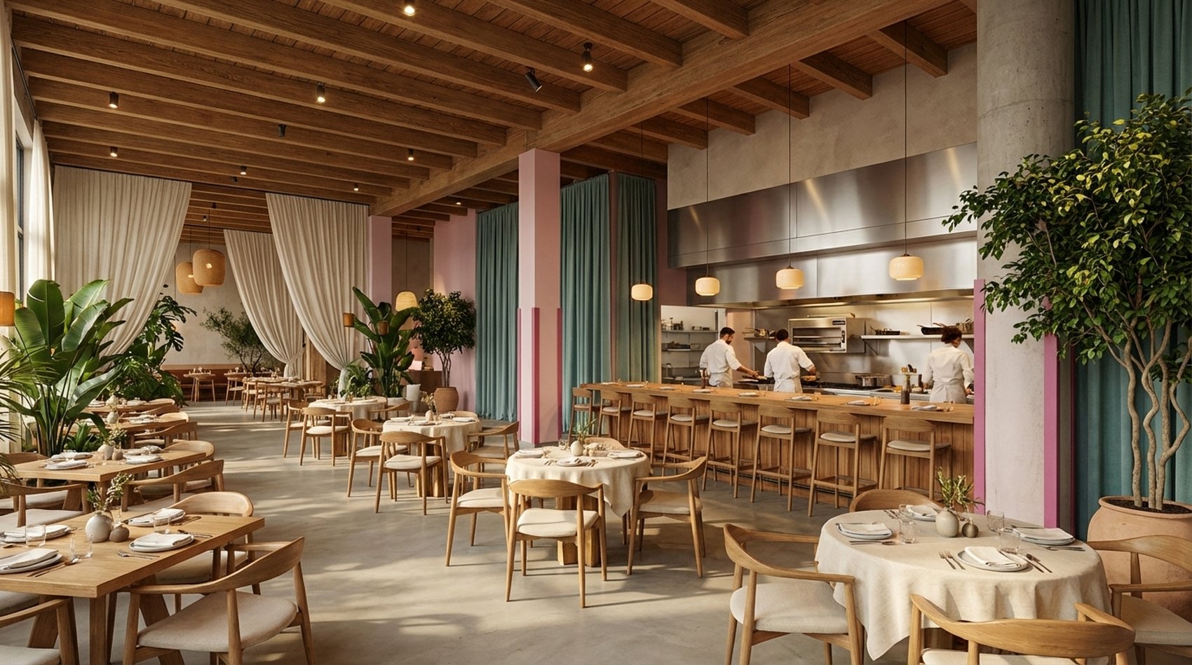 The dining room under high ceilings, daylight and linen curtains